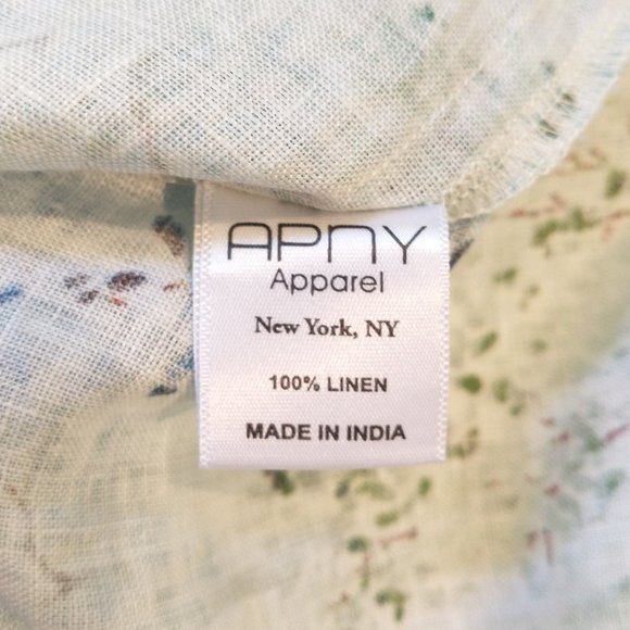APNY Small 100% Linen Tunic Top Blouse Green Blue Botanical Roll-Tab Sleeve - Picture 7 of 9